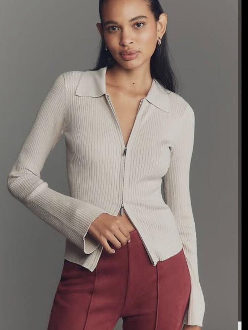 Splendid Georgie Ribbed Zip-Front Collared Knit Top *Large *NWT